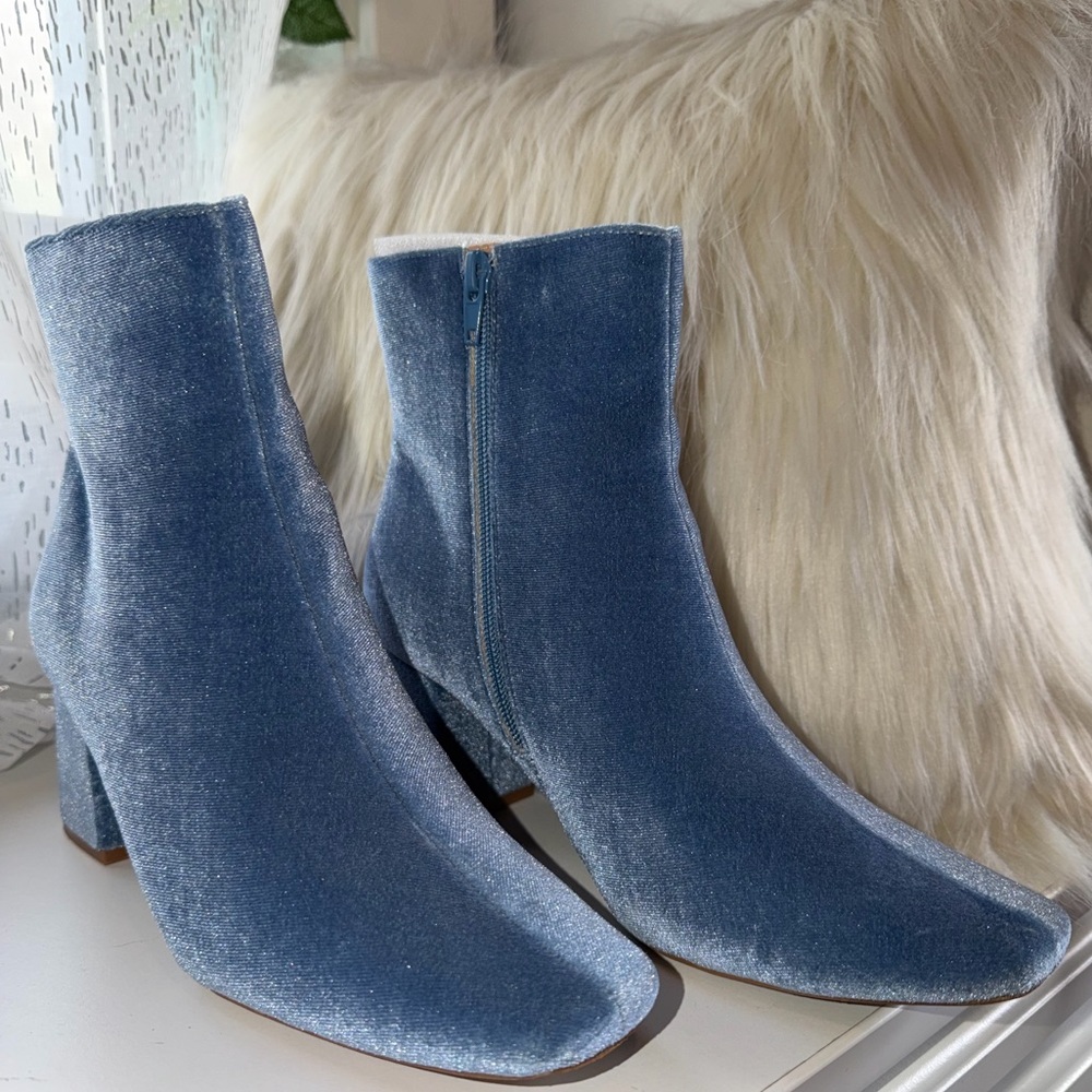 Lulu's Dusty Blue Velvet Ankle Boots with Block Heel